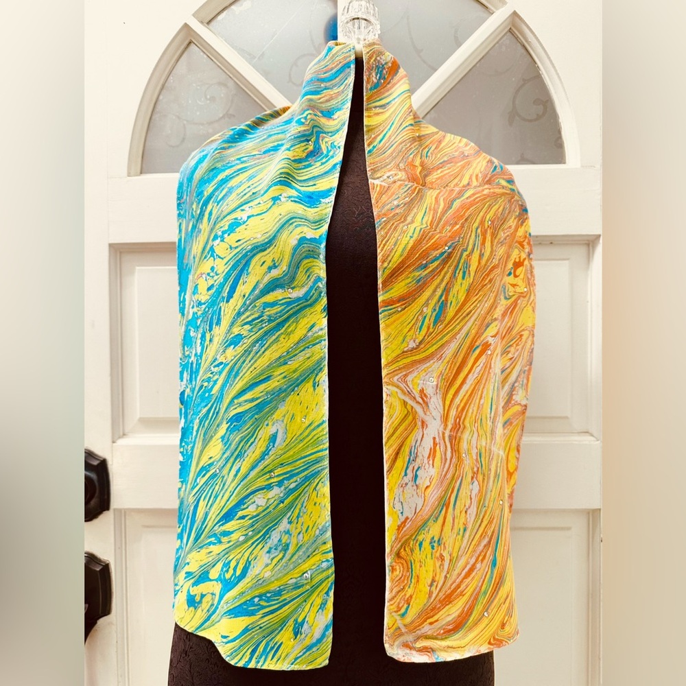 NEW-One of a Kind Hand Marbled 100% Bamboo Rayon Scarf with Swarovski 9.5”x 55”